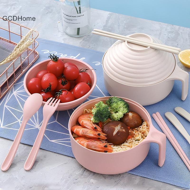 Gcdhome 5 Chiếc Rơm Lúa Mì al Có Nắp Bát Thìa Nĩa Eag Bộ Đồ Ăn Bát Chống HẤP DẪN Bát Microwavable HOT