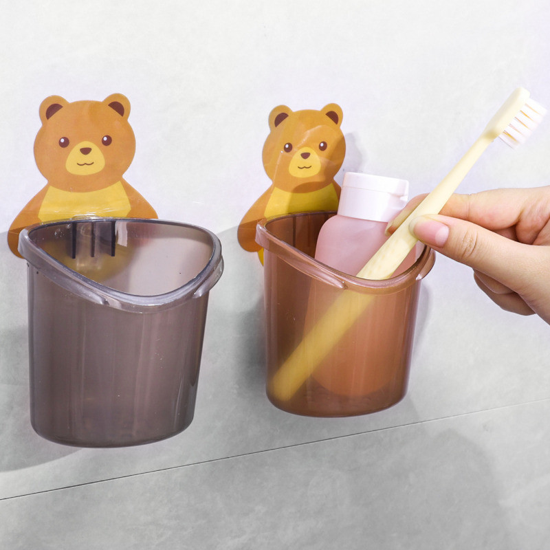 Cốc thoát nước bàn chải đánh răng hình gấu hoạt hình - Hộp đựng mỹ phẩm - Treo tường, vệ sinh, chống rơi - Hộp đựng đồ nhỏ - Giá đựng kem đánh răng