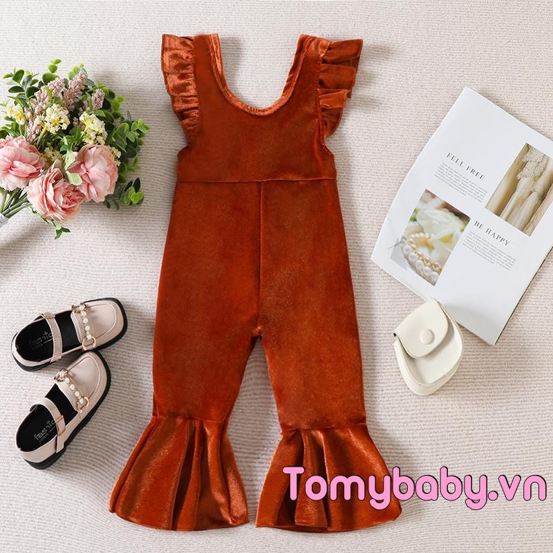 Trẻ Em Bé Gái Thu Đông Áo liền quần Ruffle Tay Nhung Một Mảnh Suspender Quần loe
