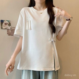 Áo phông ngắn tay cúc Tua Rua Phong Cách Trung Quốc mới Áo 300 kg cỡ lớn tôn dáng gầy rộng rãi mẫu mới mùa hè 2024 nữ