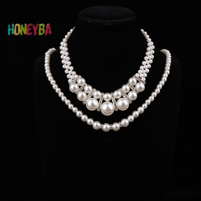< Honeyba > Bộ trang sức cưới nữ cổ điển thời trang đính đá giả ngọc trai Vòng cổ vòng tay Bông tai Tiệc cưới Món quà trang sức