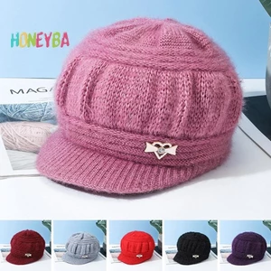 < Honeyba > Len Mũ Thời Trang Nữ Sang Trọng Dệt Kim Bảo Vệ Tai Gió Màu Trơn Bầu Không Khí Đơn Giản Mùa Thu Đông Mũ Ấm Áp