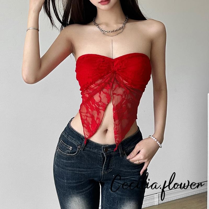 Phụ Nữ Crop Tube Tops Ren Lưới Phía Trước Khe Dây Áo Tank Tops Mùa Hè Backless Bandeau Áo Sơ Mi