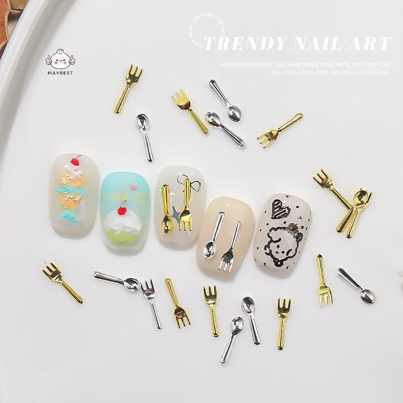 Maybest 50 Chiếc Hỗn Hợp Ins Niche Bộ Đồ Ăn Series Thìa Nĩa Móng Tay 3D Kim Loại Móng Tay Khuôn Trang Trí Móng Tay DIY Nail Art Charm Phụ Kiện {VN}