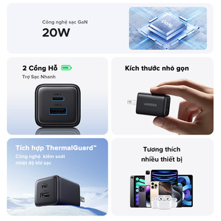 【 Nexode + 2 Cổng 】 UGREEN 20W GaN Sạc Mini USB C Sạc Điện Thoại PD3.0 QC3.0 Cho iP17/16 Pro Max Samsung S25  Ultra