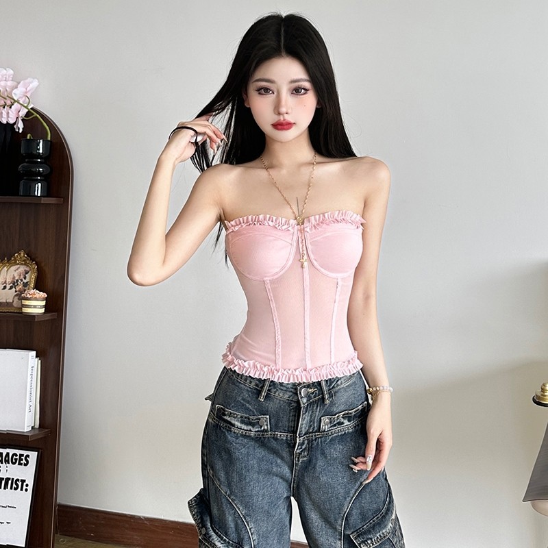 Klalien Gấp Gợi Cảm Áo quây Y2K Chắp Vá Nhìn Xuyên Qua Skinny Xu Hướng Mùa Hè Không Lưng Hoang Dã Cơ Bản Đường Phố Kỳ Nghỉ Sang Trọng Vest