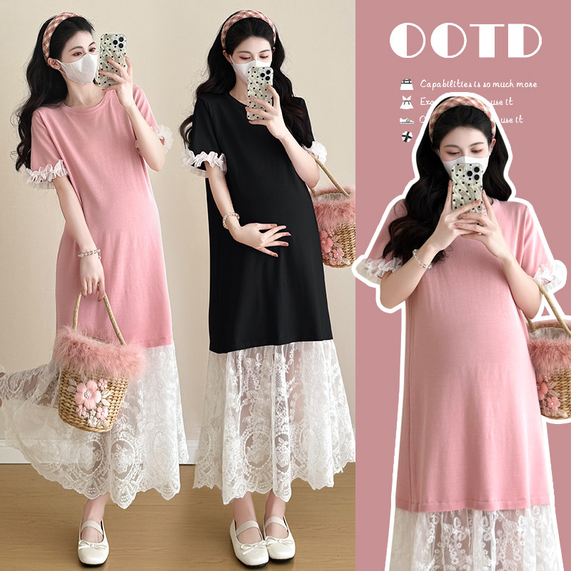Trang phục bà bầu Mùa hè dệt kim khâu dáng rộng Plus Size Đầm