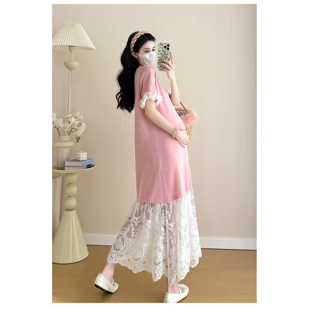 Trang phục bà bầu Mùa hè dệt kim khâu dáng rộng Plus Size Đầm