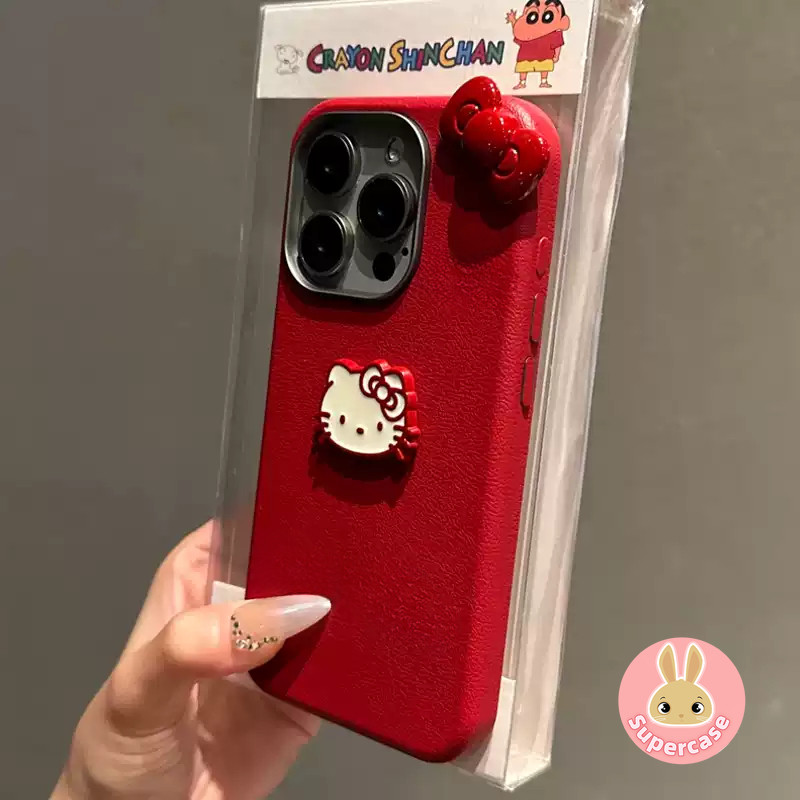 Ốp Điện Thoại Mèo Kitty Da PU Đỏ Cho Xiaomi 15 14T Pro Poco M7 X7 Pro F7 Ultra F6 M4 Pro C71 5G 4G 3D Nơ Đỏ Mèo Kitty Vỏ Mềm Chống Sốc