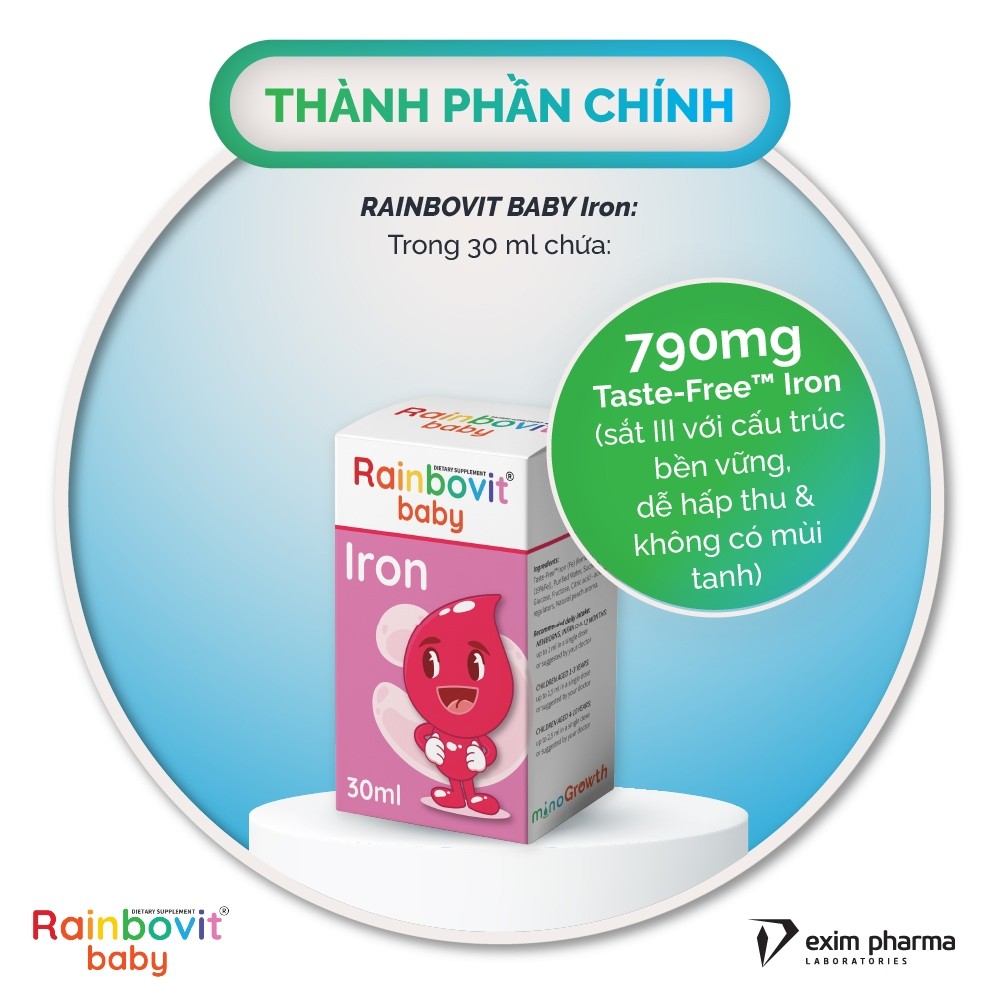 Sắt Hữu Cơ Dành Cho Trẻ Rainbovit Baby Iron lọ 30ml - Không Tanh, Hương Đào, Hấp Thu Chủ Động