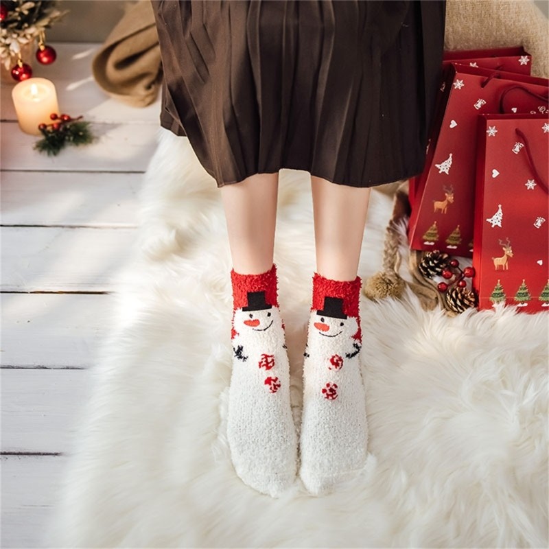 YIOI Ngày Lễ Theo Chủ Đề San Hô Lông Cừu Tầng Tất Cho Ấm Áp Mặc Nhà Unisex Giáng Sinh Họa Tiết Hoạt Hình Fuzzy Dép Tất Hồ