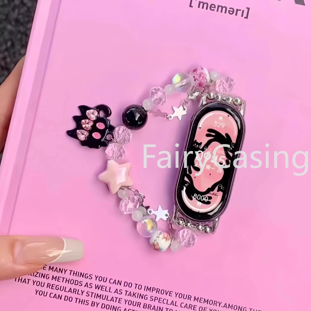Trang Sức Co Giãn Vòng Tay Cho Xiaomi Mi Band 10 9 8 7 Hạt Vòng Tay Dây Đeo Nữ Thời Trang Ngôi Sao Mèo Cổ Tay Vòng Cho Miband 6 5 4 3 NFC