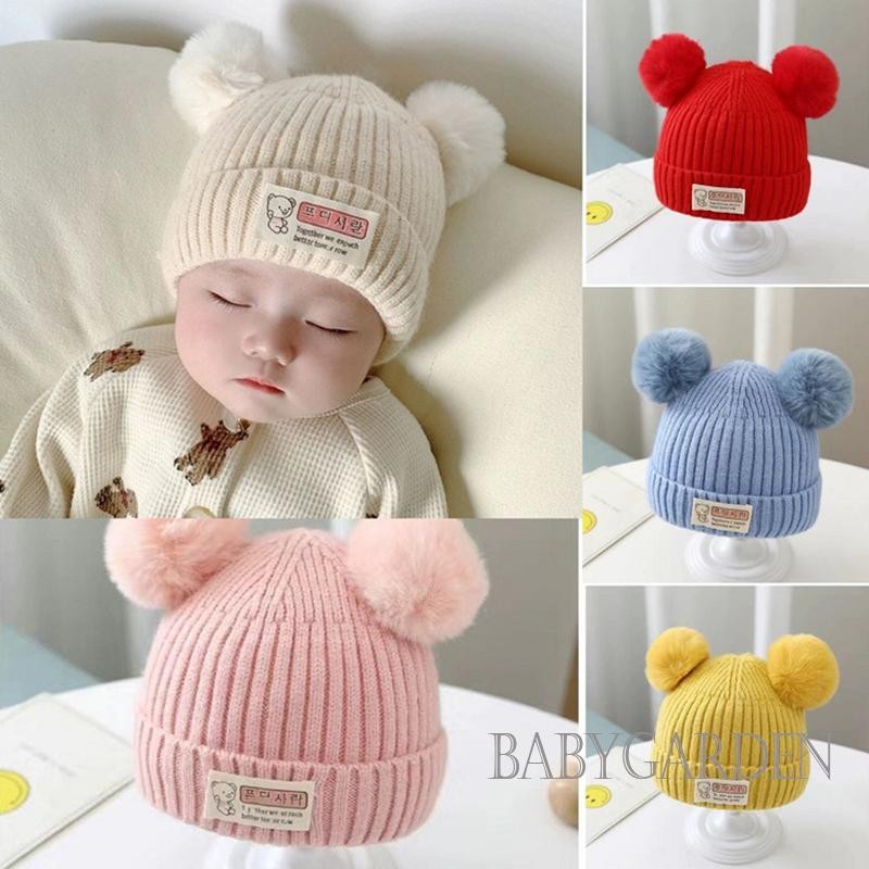 / / -Baby Girls Boys Beanie Bear Letter Patch Double Bobbles Thu Đông Mũ Ấm Áp Tập Đi Beanie Mũ Đan