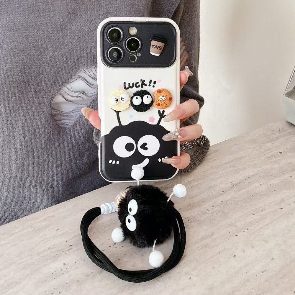 Dễ Thương Bóng Than Búp Bê + Mặt Dây Chuyền Lật Gương Giá Đỡ Ốp Lưng Điện Thoại Cho iPhone 17 Pro Max 17 Air 16 Plus 15 14 13 12 11ProMax Vỏ Bảo Vệ Chống Sốc