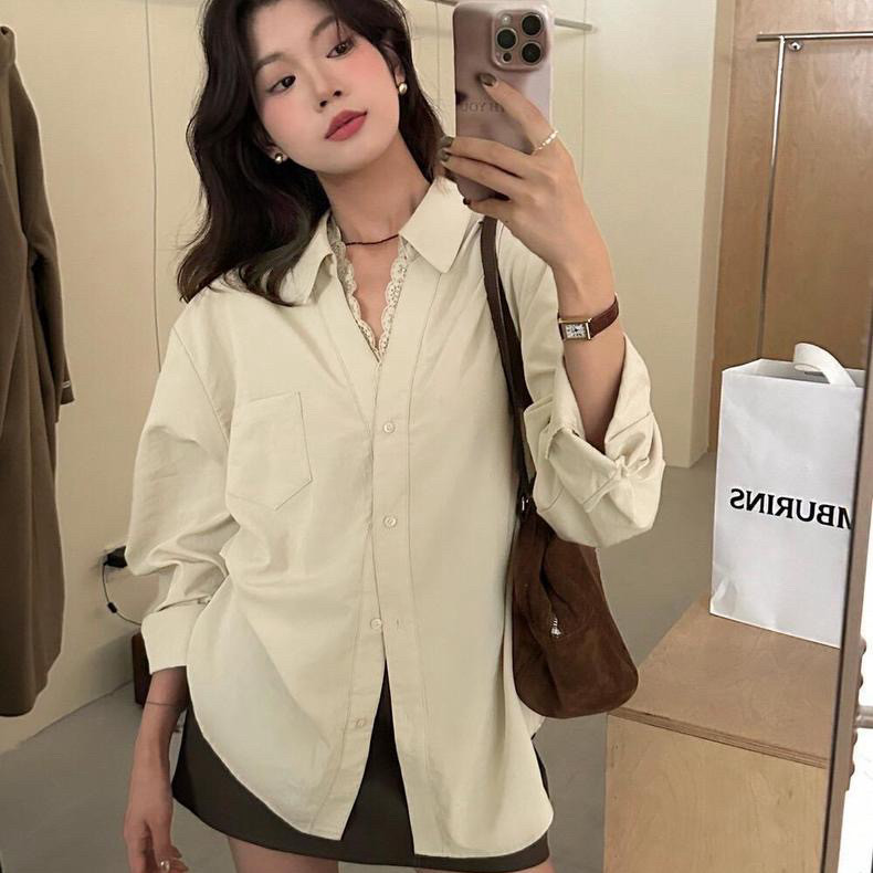 Áo sơ mi ren cổ chữ V màu trơn mùa thu dành cho nữ phiên bản rộng rãi