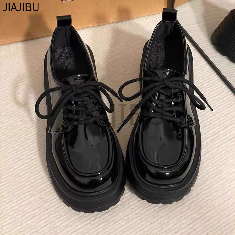 Size 34-42 Giày Nữ Size Lớn Chất Lượng Cao Giày Da Nhỏ Mũi Tròn Chống Trượt Phong Cách Anh Có Gót Dày Giày Buộc Dây Oxford Giày Đi Học Màu Đen Korean Fashion Platform Mary Jane Shoes Japanese JK Uniform Lolita Doll Shoes Giày Công Chúa Cosplay Giày Nhảy