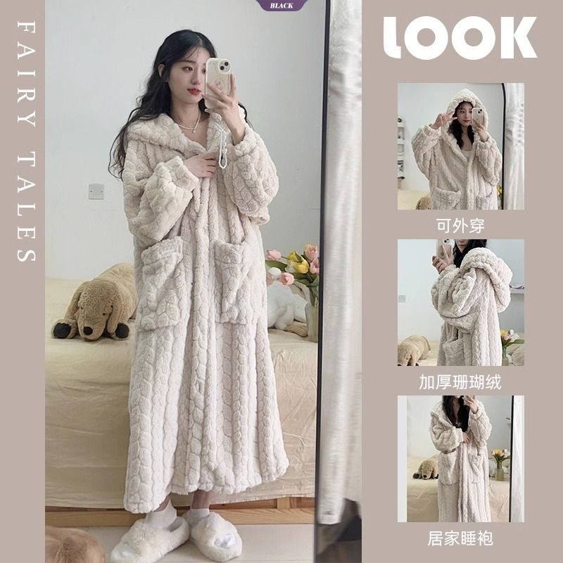 Bộ Đồ Ngủ Lông Cừu San Hô Dễ Thương Nữ Mùa Đông Đệm Dày Ấm Có Mũ Trùm Đầu Học Sinh Rời Mặc Ở Nhà Áo Có Thể Mặc Bên Ngoài [BL]