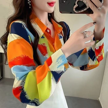 Áo Sơ Mi Hoa Tay Dài In Hình Tương Phản Áo Sơ Mi Nữ Plus Kích Thước Rời Voan Áo Sơ Mi Nữ Hoa Áo Sơ Mi Dài Tay In Hình Màu Tương Phản Áo Sơ Mi Nữ Plus Kích Thước Rời Voan Áo Sơ Mi Nữ
