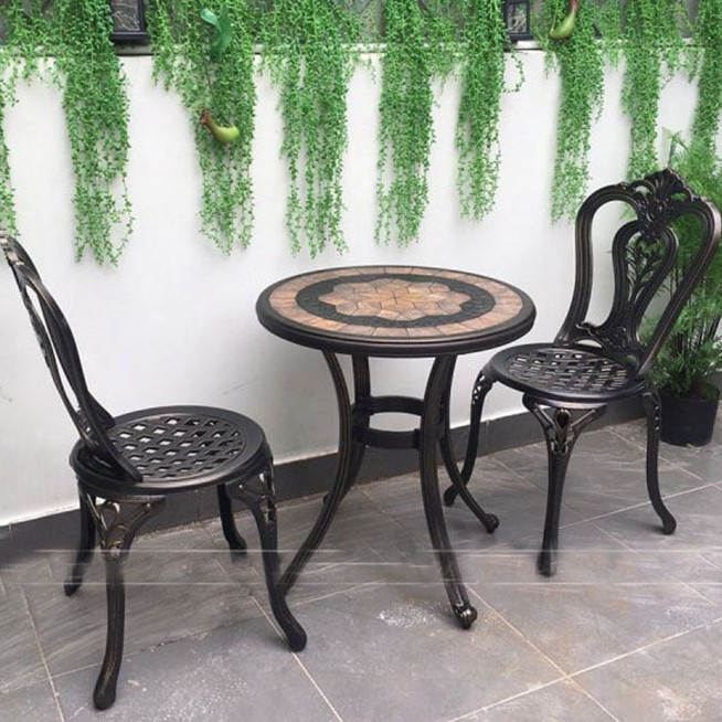 Bộ bàn ghế ban công ngoài trời Nhôm đúc Bàn ghế sân vườn ngoài trời Tròn mặt bàn đá gốm đẹp - TM40