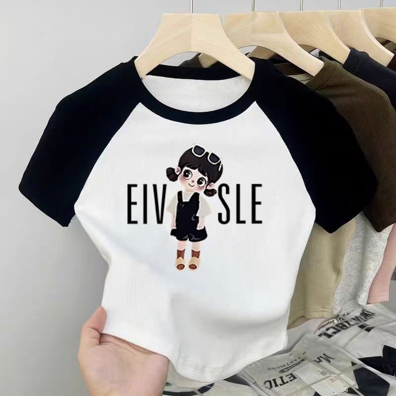 Áo thun Cotton hợp thời trang 2025 cho bé gái Khối màu Raglan Áo sơ mi ngắn tay mùa hè cho trẻ em
