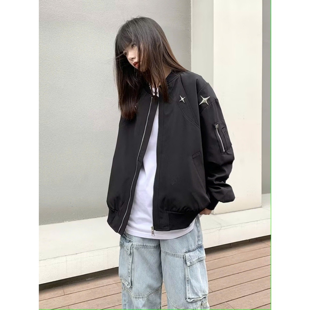 Áo Khoác Ngôi Sao Vòng Cổ Mix Khóa Tay KCloset Áo Bomber Chất Dù 2 Lớp Dày Dặn Dáng Rộng Nam Nữ
