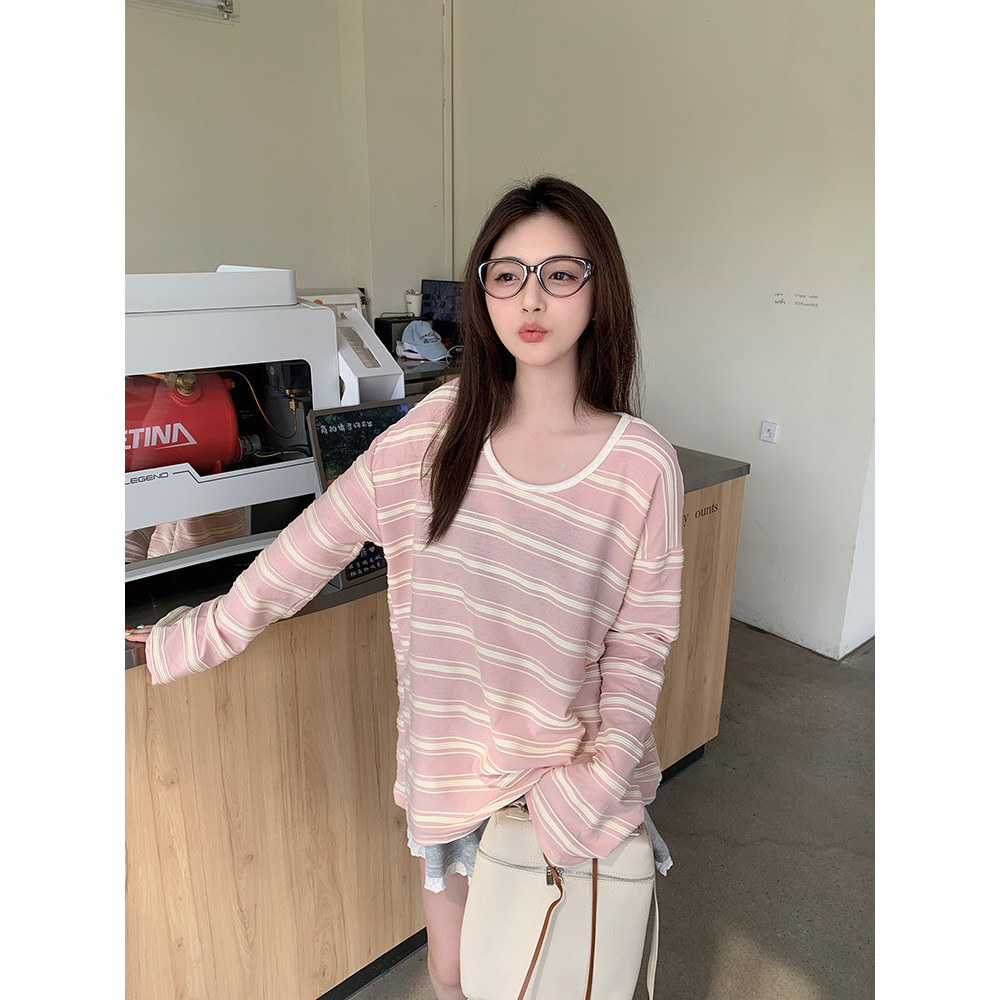 SUXI Áo thun dài tay dệt kim sọc đơn giản mùa hè mới của Hàn Quốc dành cho nữ 250419