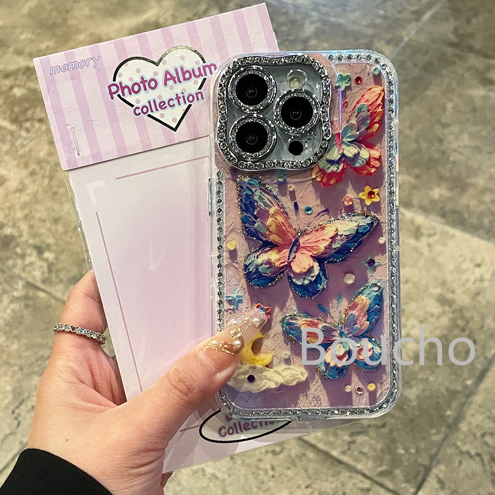 Tranh Sơn Dầu Hoa Bướm Ốp lưng iphone 16 Pro Max 16 15 14 Plus 13 12 Pro Max 11 16plus 15plus 16pro Quà Tặng Bé Gái Silicon Mềm Thời Trang Điểm Khoan Mặt Sau
