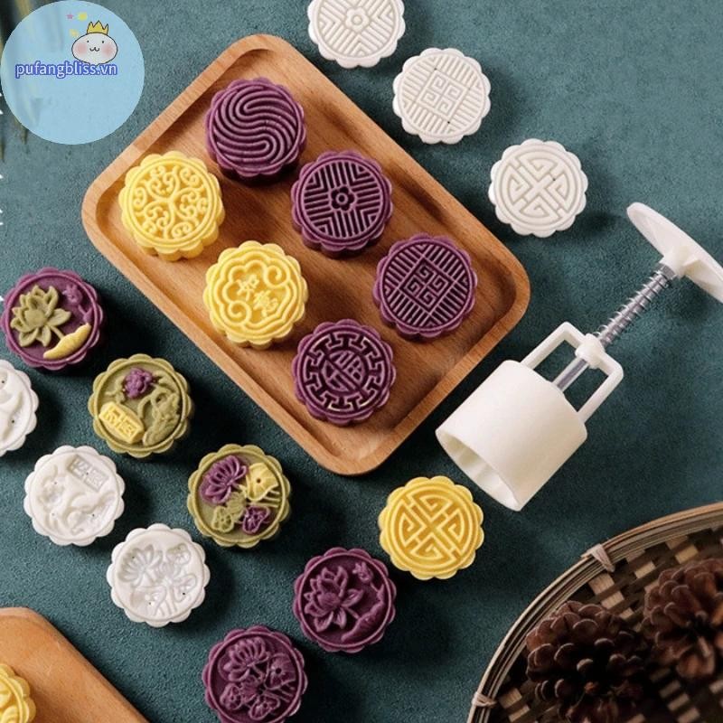 Pufangbliss 6 Cái / bộ Khuôn Bánh Trung Thu Hình Hoa Khuôn Bánh Áp Lực Tay Fondant Mặt Trăng VN