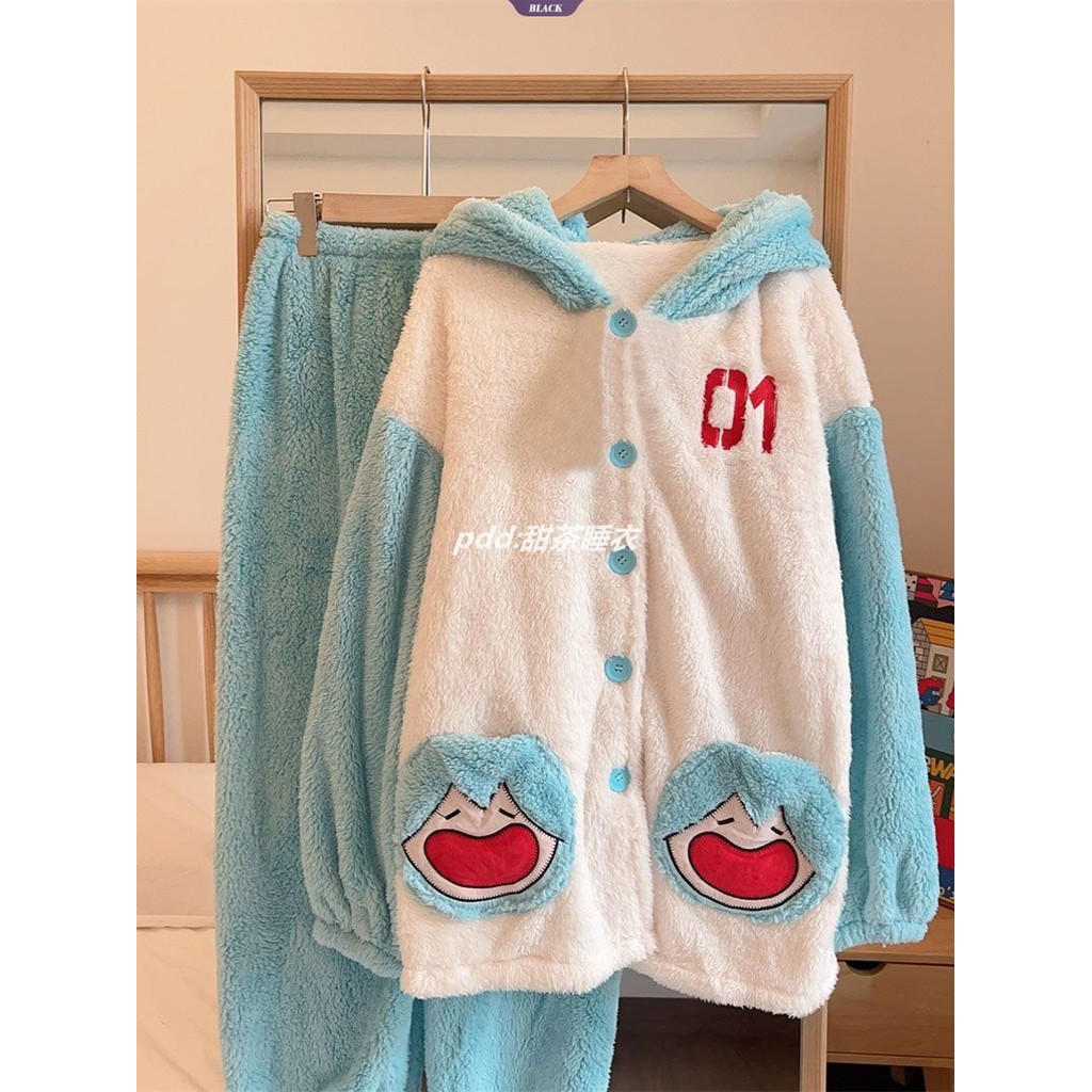 Ins Wind Hatsune Miku Coral Velvet Bộ Đồ Ngủ Nữ Thu Đông Dày Và Đệm Ấm Áp Flannel Loungewear Suit [BL]