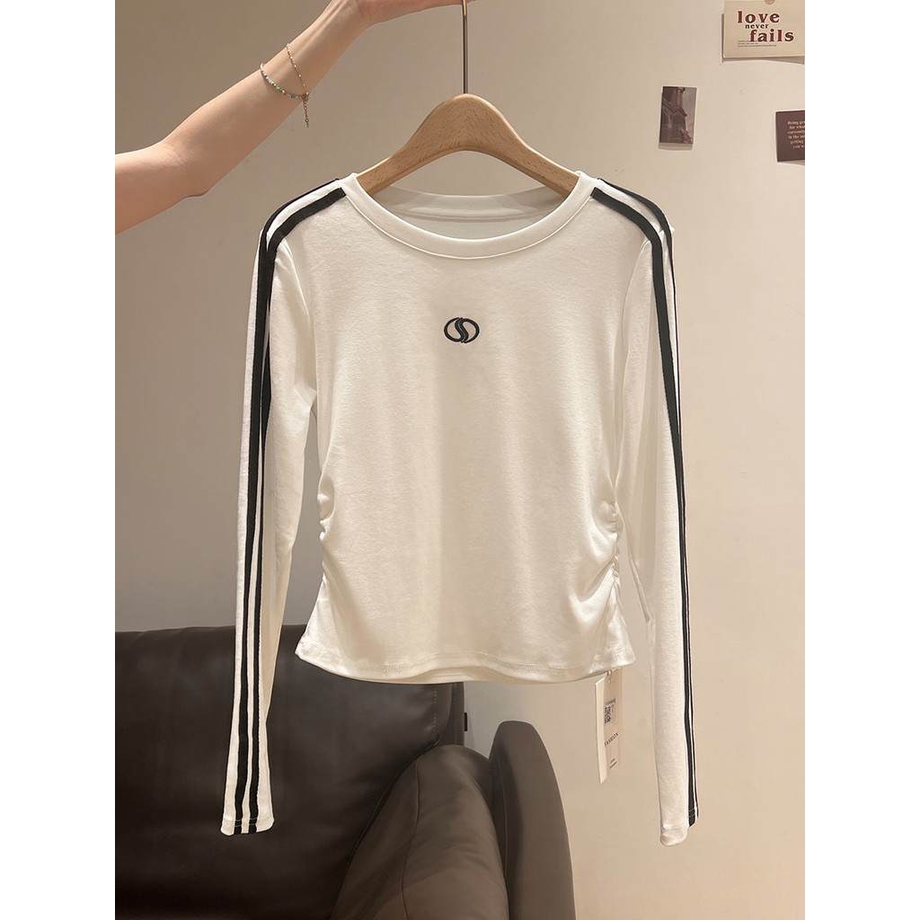 Áo phông dài tay thiết kế phối màu tương phản xanh navy Milyfashion áo mặc trong tôn dáng gầy chít eo xếp ly đầu thu cho nữ áo khí chất