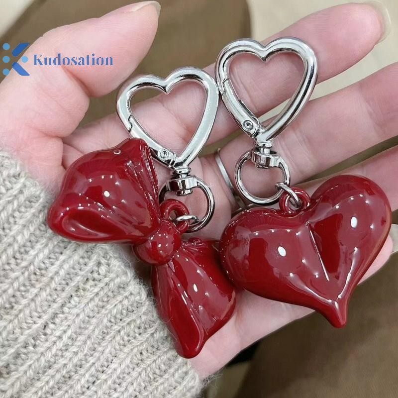 Kudosation Tính Khí Đơn Giản Nơ Đỏ Trái Tim Acrylic Móc Khóa Mặt Dây Chuyền Dành Cho Nữ Cô Gái Ba Lô Đa Năng Trang Trí Phụ Kiện Quà Tặng