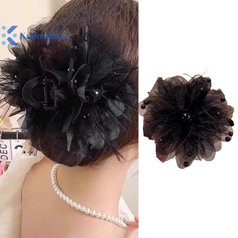 Kudosation Hàn Quốc Nữ Thời Trang Lưới Hoa Phụ Kiện Tóc Organza Ngọc Trai Đen Cầm Mũ