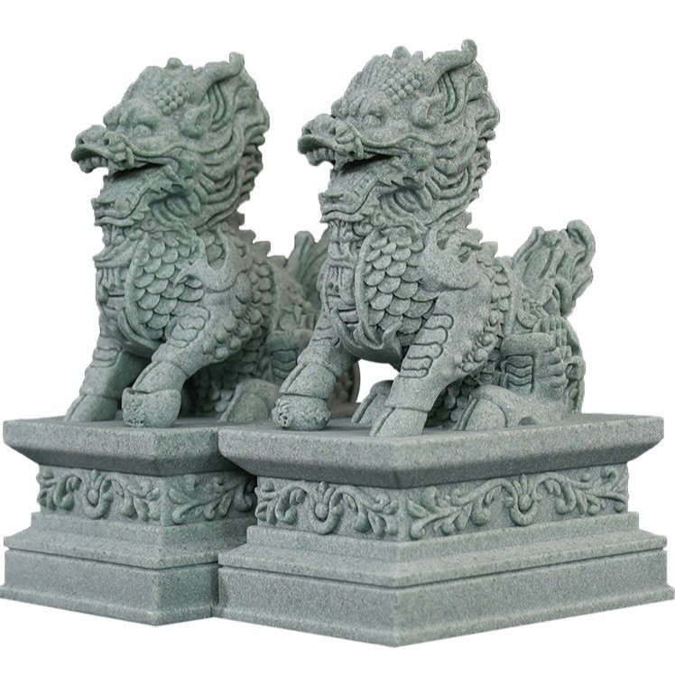 Cặp Tượng Kỳ Lân Bằng Đá Sa Thạch Xanh Dùng Trang Trí Bàn Trà Đạo, Bàn Làm Việc, Không Gian Tiểu Cảnh thủy Sinh, Bể Cá