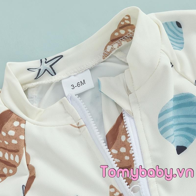 Bộ đồ bơi bé trai mới biết đi In vỏ sò Dây kéo tay ngắn chống nắng Bộ đồ tắm có nắp bơi