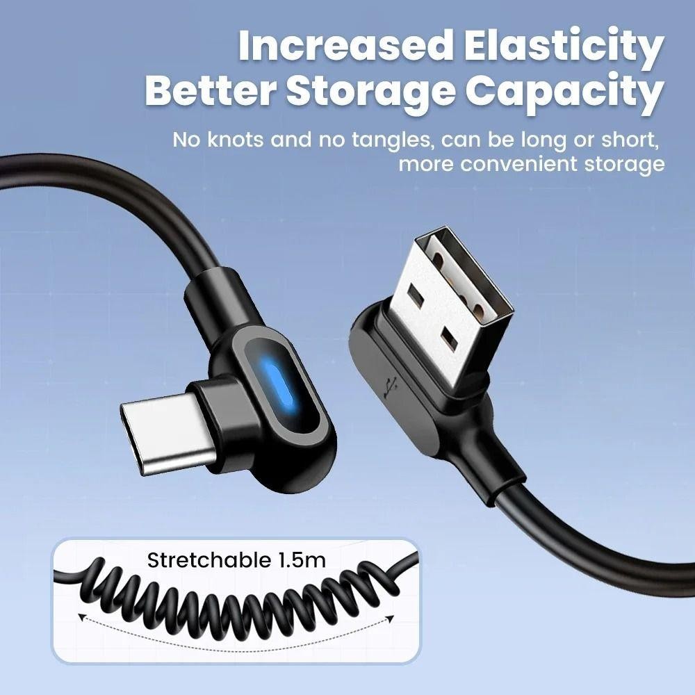 Cáp dữ liệu lò xo JIGK 6A, Cáp sạc nhanh USB C sang Type C, Dây sạc nhanh màu đen mùa xuân cho xe Huawei