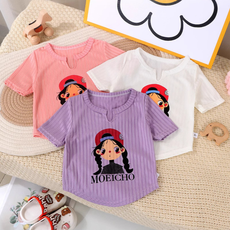 Áo thun ngắn tay bằng lụa băng cho bé gái Phong cách mới Mùa hè mỏng Top Lớp đế trẻ em Mặc bên trong Quần áo trẻ em Hợp thời trang 8O-150 Size I0FY