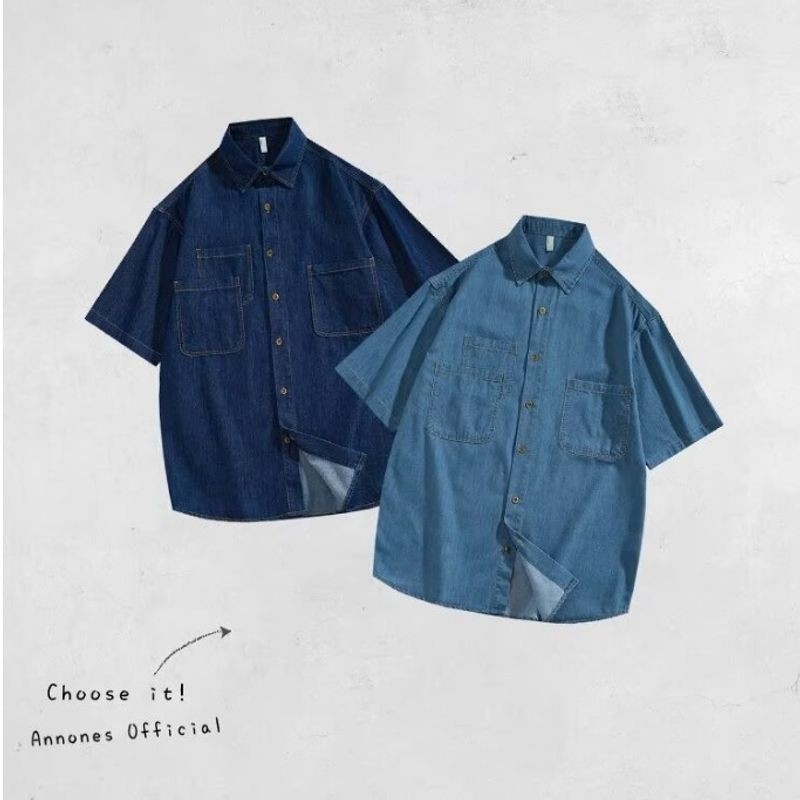 ThaliaWisp Nam Denim Áo Sơ Mi Tay Ngắn Mùa Hè Rời Mỹ Retro Đơn Giản Đa Năng Thường Ngày Hàng Đầu