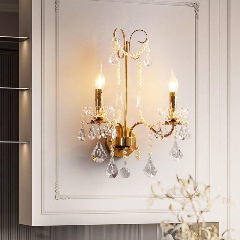Phong Cách Trung Cổ Giả Nến Kim Loại Sconce, Đèn Tường Pha Lê Sáng Tạo, Phòng Ngủ Phòng Khách Cầu Thang Đèn Trang Trí