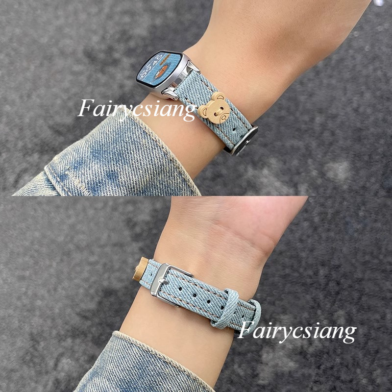 Gấu Nhỏ Denim Dây Đeo Cho Mi Band 10 9 8 7 6 5 4 3 Phụ Kiện Vòng Tay Cao Bồi Cho Xiaomi Band 9 8 Dây Đeo Tay