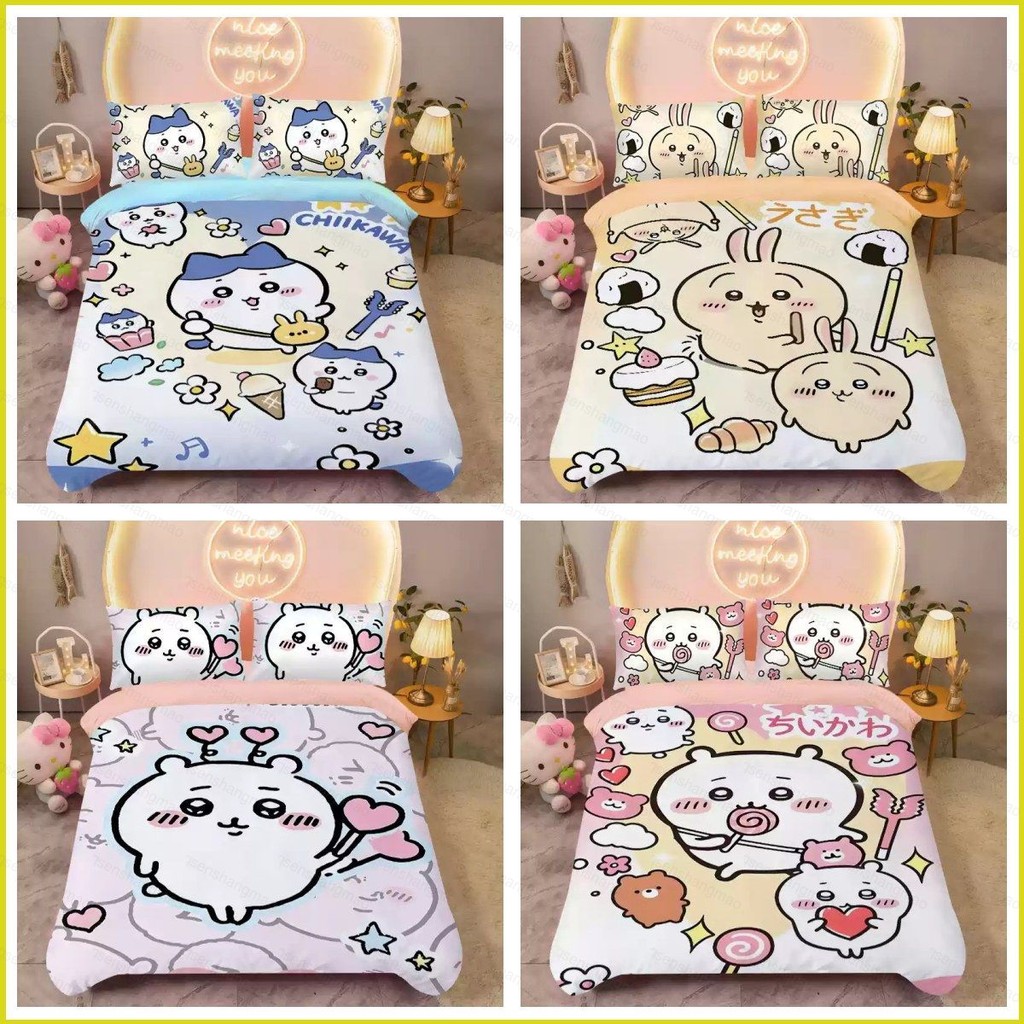 PS1 Chiikawa Usagi 3IN1 Ga trải giường Vỏ chăn gối Bộ chăn ga gối Phòng ngủ gia đình Bộ đồ hoạt hình có thể giặt được SP1