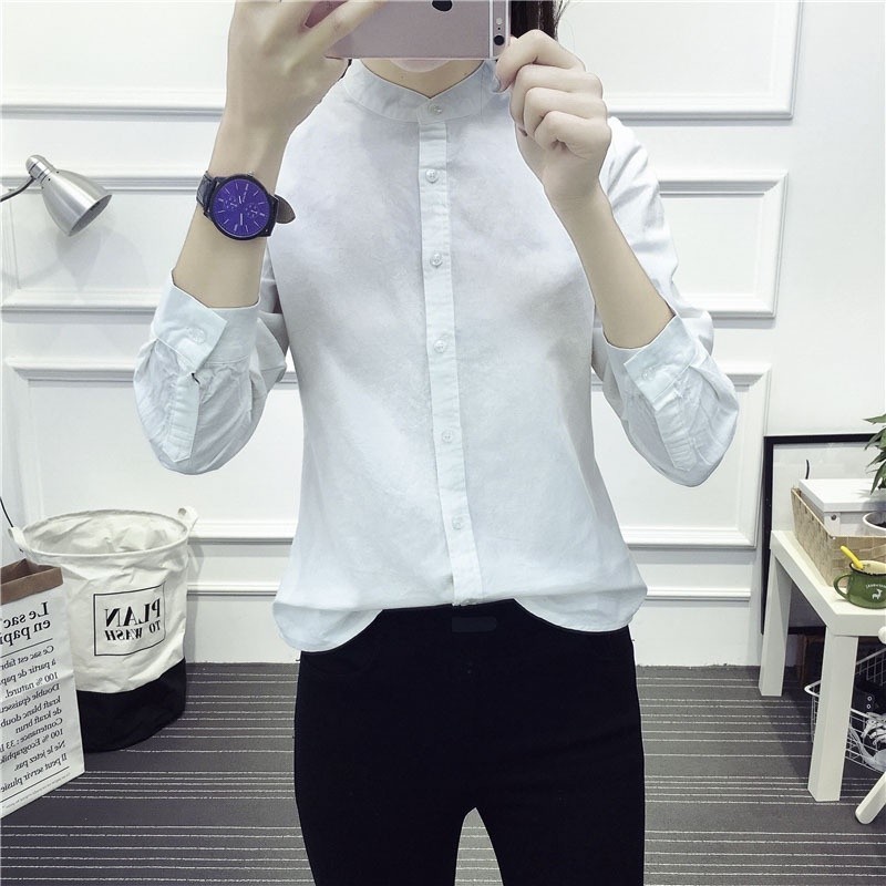 Áo Sơ Mi Nữ Vải Lanh Cotton Màu Trơn Nữ Cổ Đứng Trơn Sinh Viên Nhật Bản Áo Sơ Mi Hàng Đầu