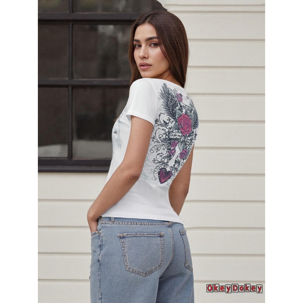 Okdk-áo thun ngắn tay dành cho nữ Gothic Rose Graphic Áo sơ mi cổ chữ V mùa hè Slim Fit Áo thường ngày dạo phố