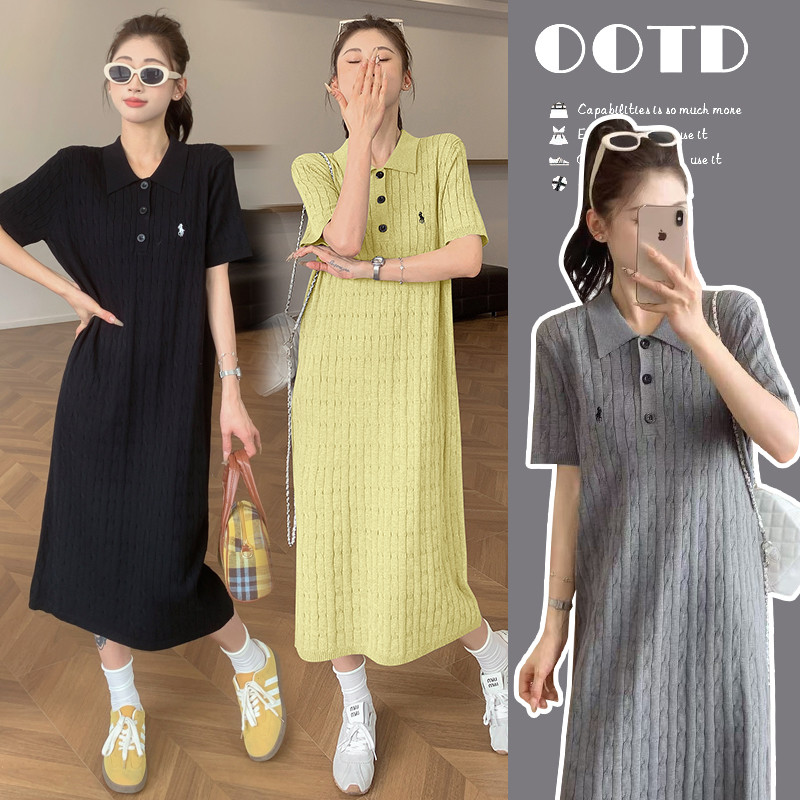 Trang phục bà bầu Mùa hè Phong cách mới Cổ áo POLO Váy dài vừa phải