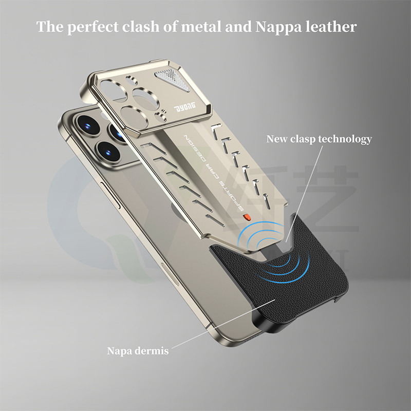 Ốp điện thoại iPhone hai trong một bằng hợp kim nhôm và da, cho iPhone 16 15 14 Pro Max Vỏ bảo vệ khóa kim loại siêu tản nhiệt