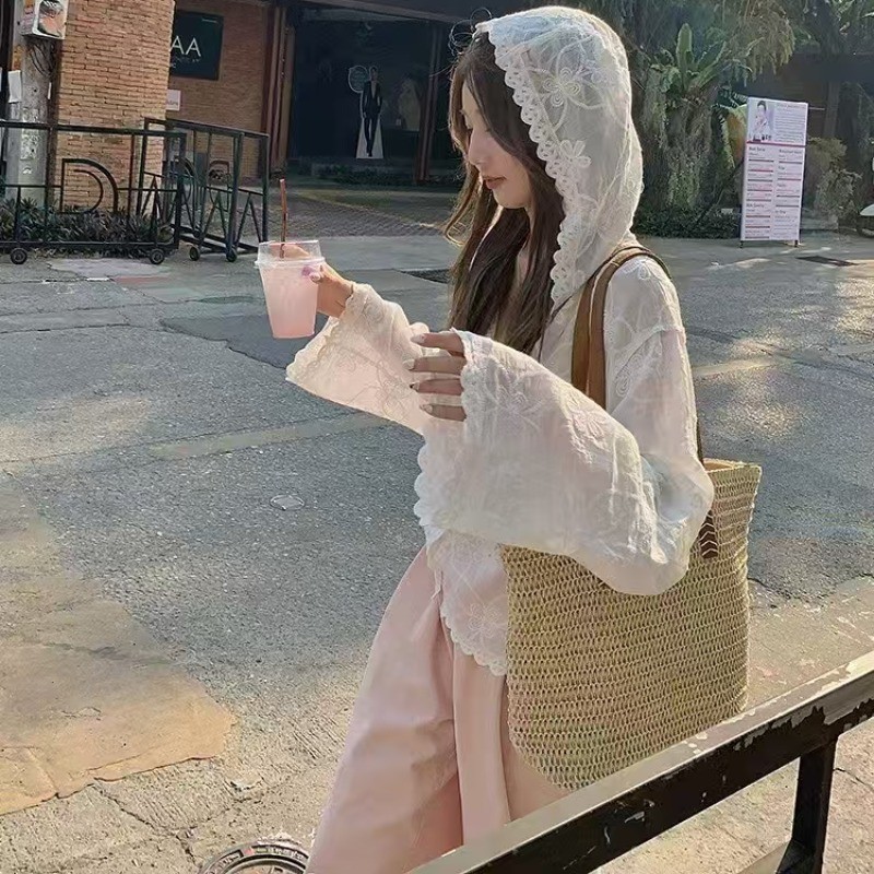 SUXI Áo sơ mi có mũ trùm đầu thêu hoa màu trắng phong cách Hàn Quốc mùa hè 250422