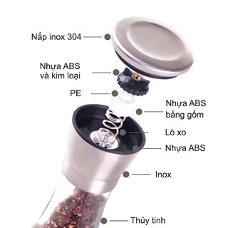 Lọ xay tiêu Inox kiểu dáng nhỏ gọn đẹp mắt, thủy tin trong suốt, nắp đậy kín đ.áo, tiện lợi