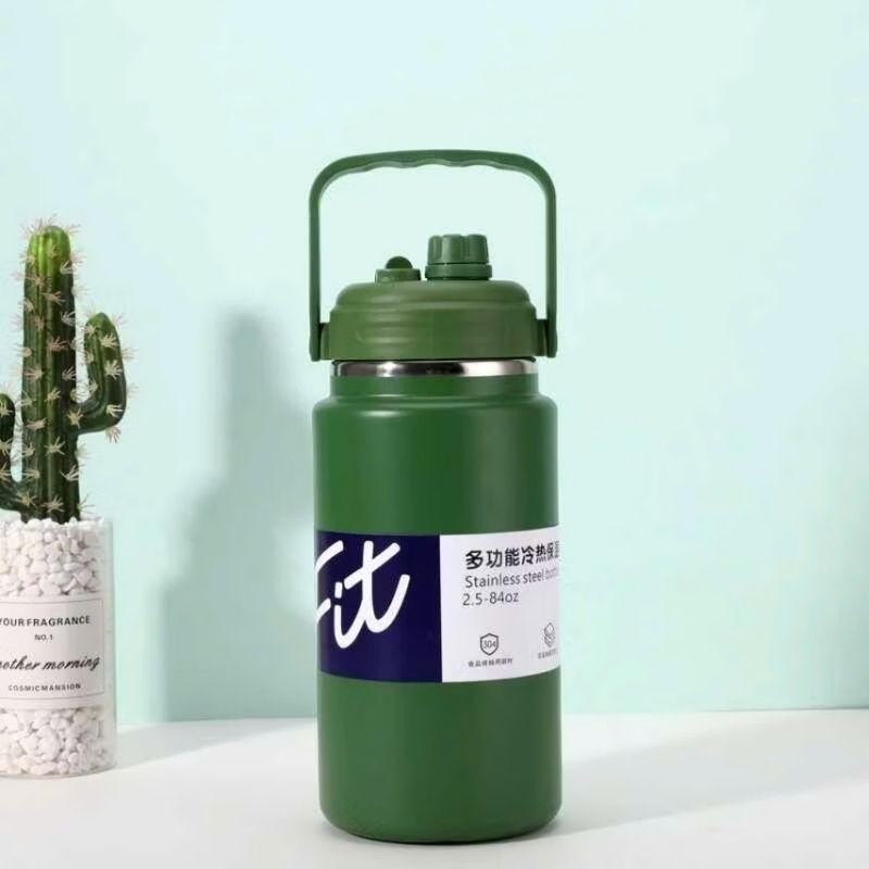 Bình giữ nhiệt dung tích lớn FIT/2000ml/1500ml miệng rộng dáng lùn trên nắp có ống hút tặng túi+cọ rửa