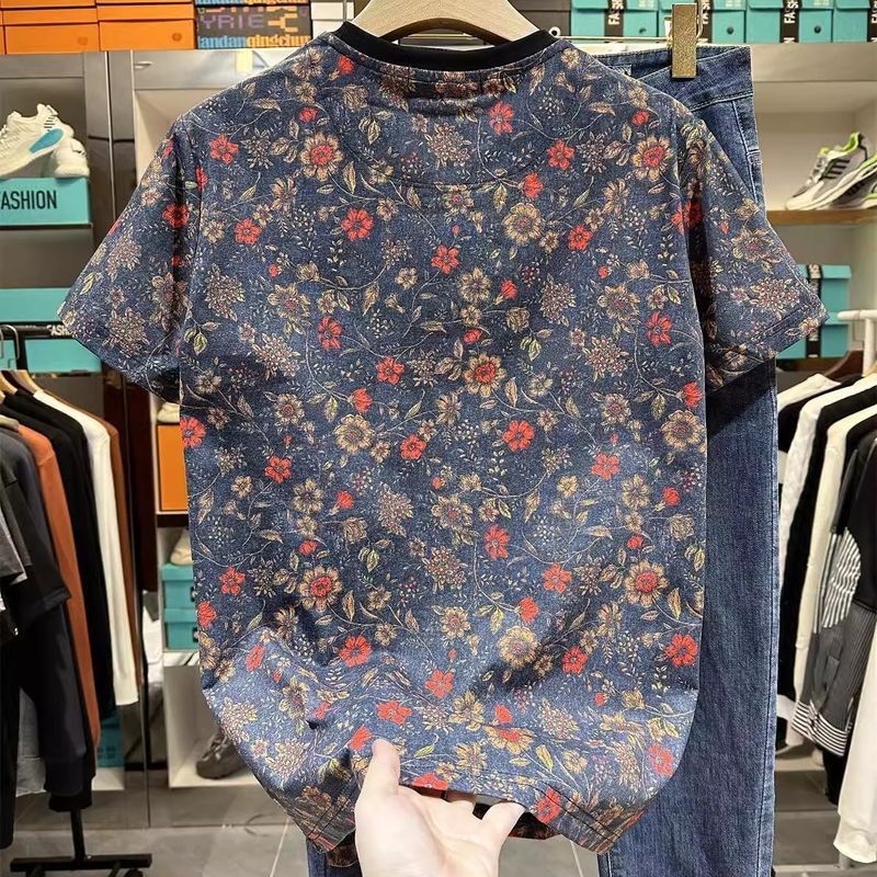 Áo thun nam ngắn tay mùa hè phong cách Hàn Quốc cổ điển in hình cá tính thời trang hợp thời trang Slim cổ tròn