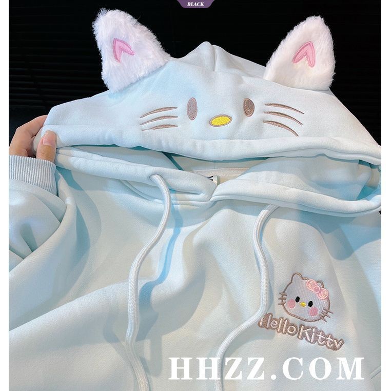Phiên bản Hàn Quốc của phong cách đại học Áo len có mũ trùm đầu Hello Kitty Áo len nữ mùa thu đông Áo khoác rộng rãi Tide [BL]