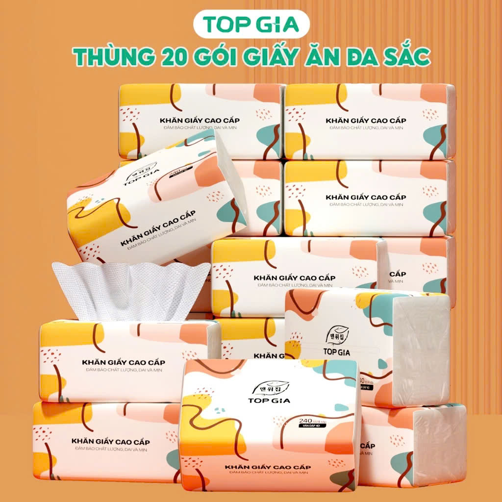 ( FREE SHIP ) Giấy ăn rút Topgia thùng 20 gói đa sắc cao cấp 240 tờ 4 lớp, dập vân 4D, mềm mịn, thấm hút tốt